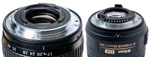 Voici la comparaison de la taille de la baïonnette d'un objectif CANON 24x36mm avec une optique DX NIKON pour APSC