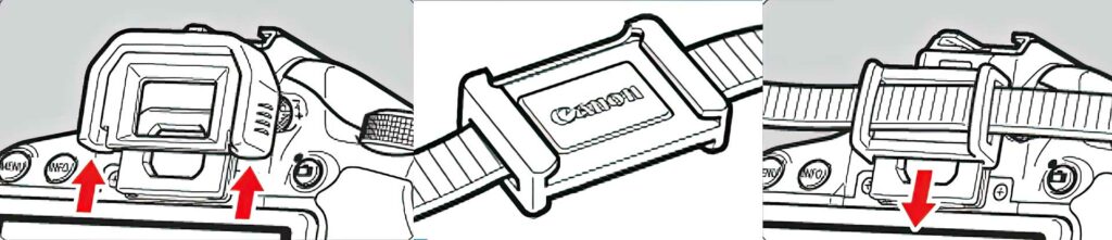 Voici la procédure de pose du cache oculaire telle qu'elle est montrée dans le manuel d'un appareil photo reflex CANON. 
