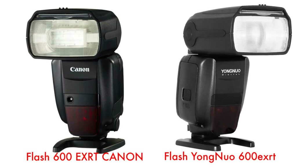 À gauche, le flash de la marque CANON et à gauche, sa copie.